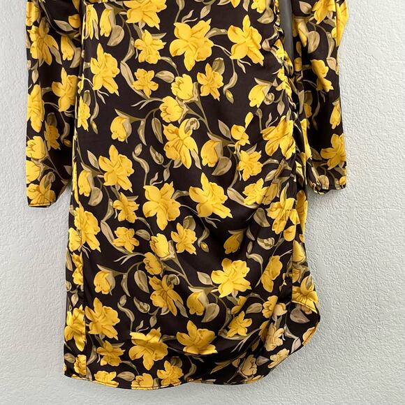 Floret Studio Brown Yellow Floral Shirred Long Sleeve Satin Mini Dress XS/SM NWT - Picture 8 of 15
